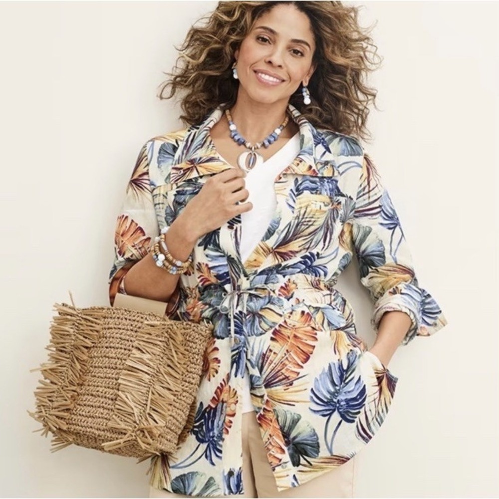 Chico's Palm-Print Tropical Linen Utility Summer Jacket Sz 3 (16/18) Resort Vaca